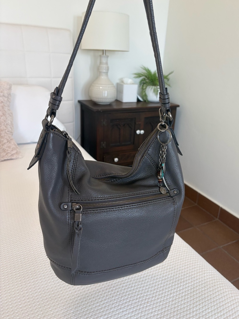 The Sak Sequoia Grey Leather Hobo Shoulder Bag With Charm